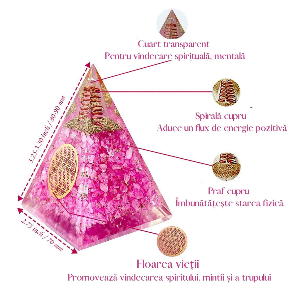 Piramida orgonica cuart roz si simbolul floarea vietii 8 cm - incurajeaza speranta, sensibilitatea, intuitia si abilitatile psihice