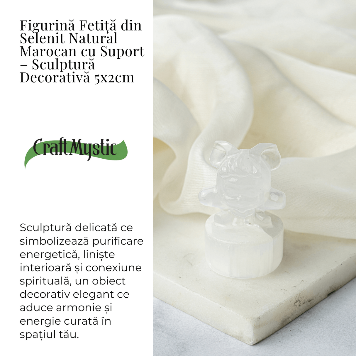 Figurina Fetita din Selenit Natural Marocan cu Suport - Sculptura Decorativa pentru Liniste si Purificare Energetica