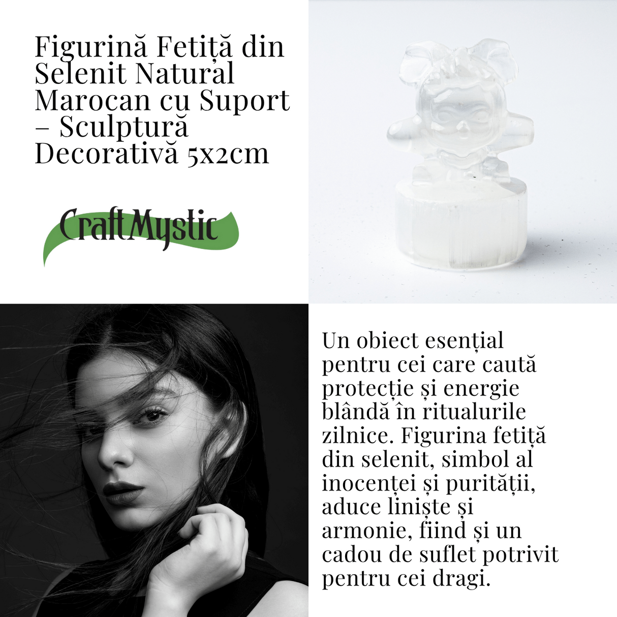 Figurina Fetita din Selenit Natural Marocan cu Suport - Sculptura Decorativa pentru Liniste si Purificare Energetica