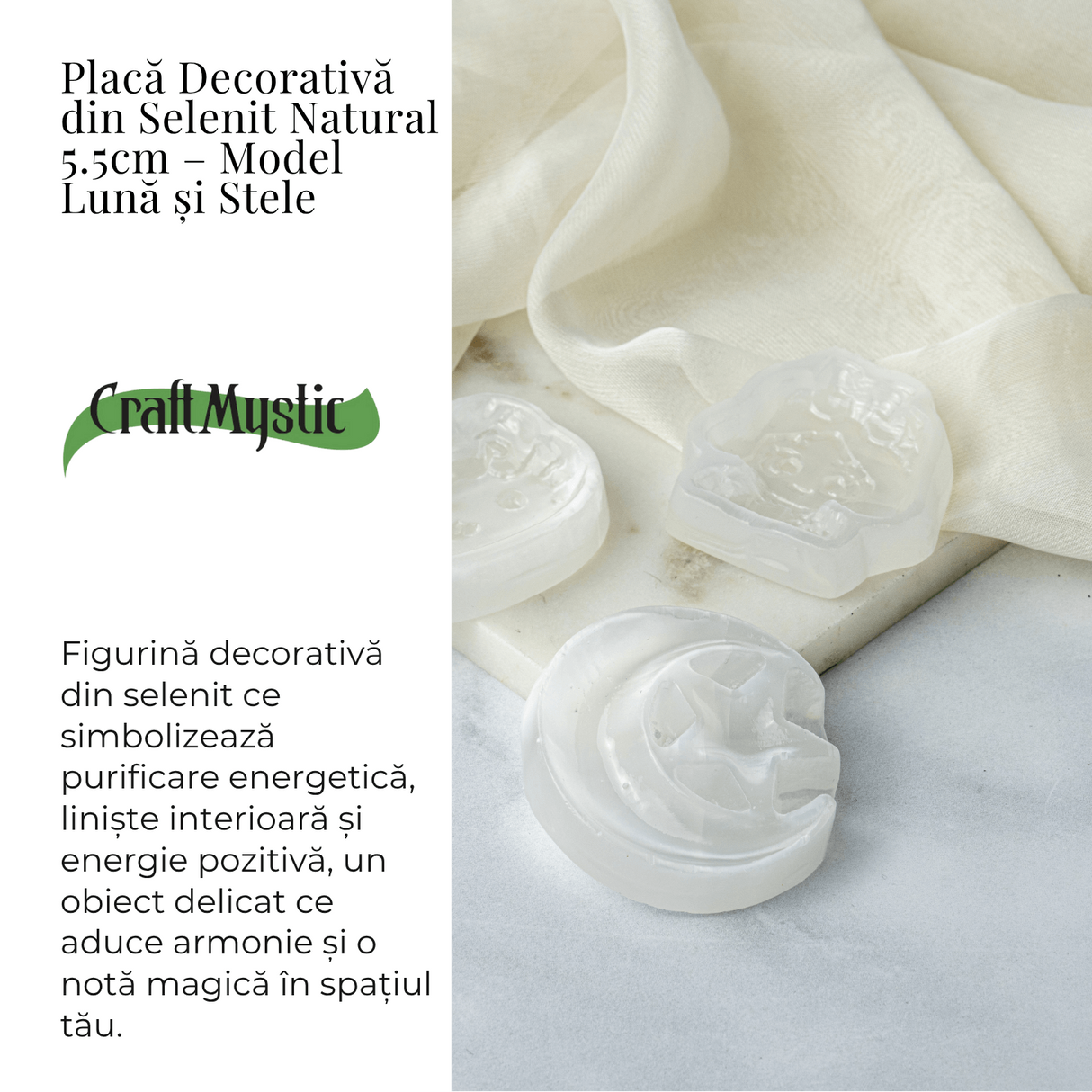 Placa Decorativa din Selenit Natural 5.5cm - Model Luna si Stele pentru Armonie si Claritate Energetica