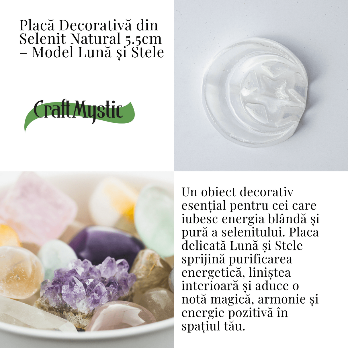 Placa Decorativa din Selenit Natural 5.5cm - Model Luna si Stele pentru Armonie si Claritate Energetica