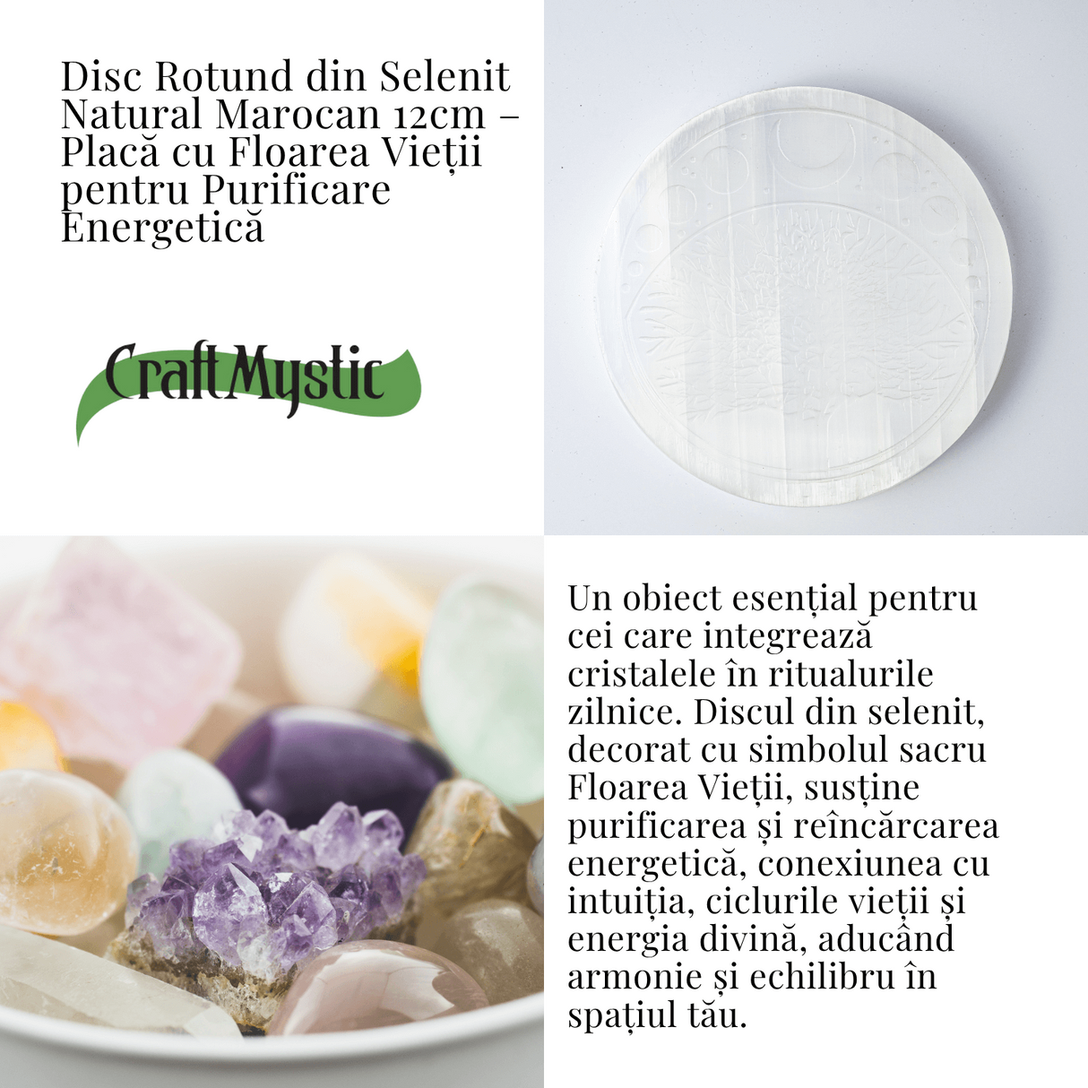 Disc Rotund din Selenit Natural 12cm - Placa Floarea Vietii pentru Purificare si Armonie Energetica