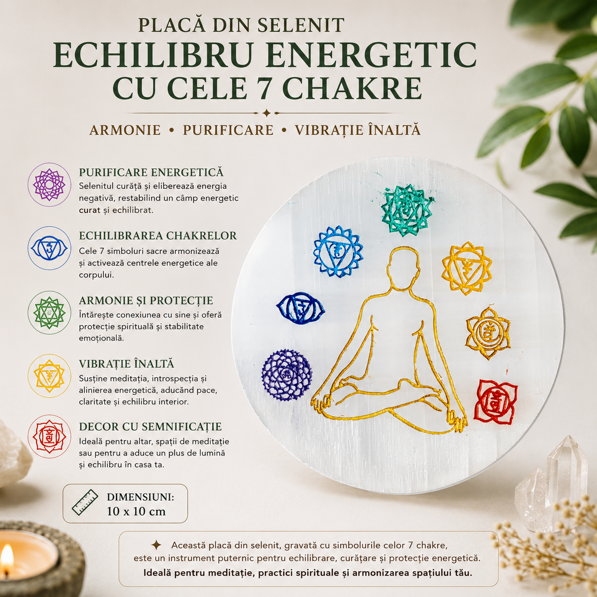 Placa din Selenit cu Cele 7 Chakre 10x10 cm – Purificare si Echilibru Energetic