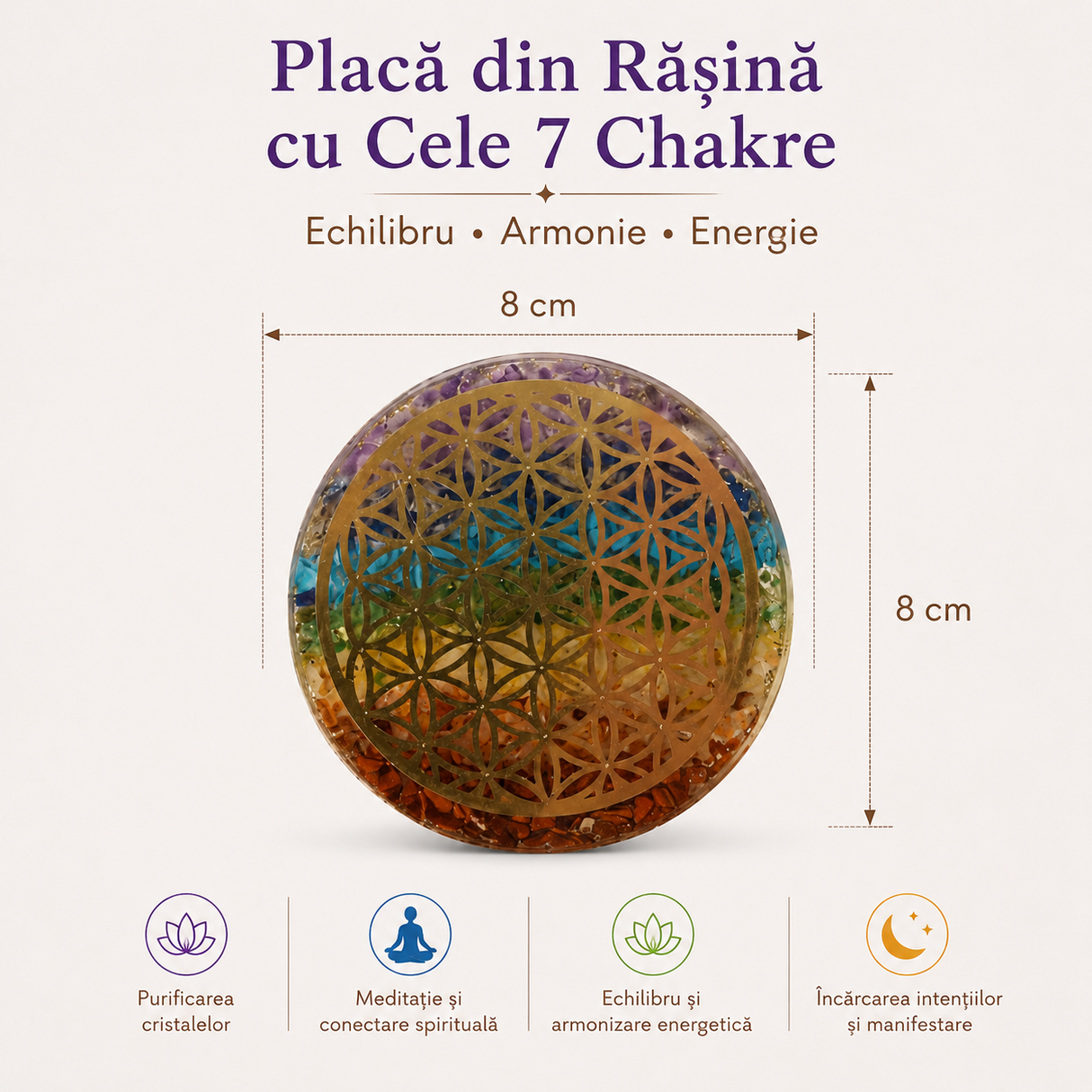 Placa orgonica din Rasina cu Pietrele Celor 7 Chakre si Floarea Vietii – Echilibru si Armonie Energetica