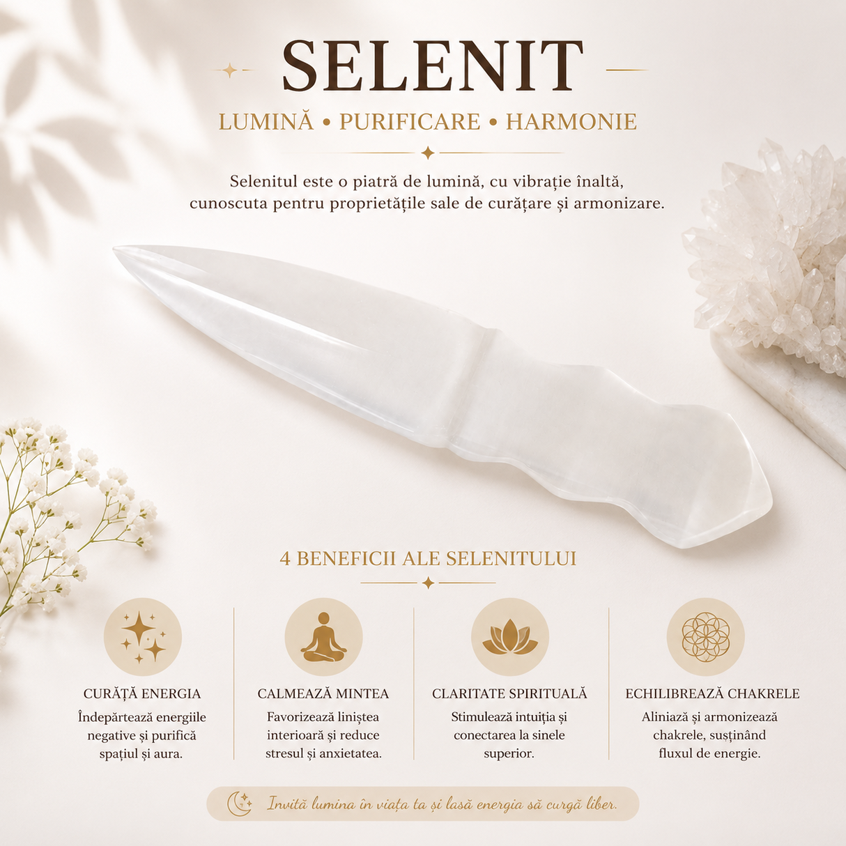 Pumnal din Selenit Natural – Purificare, Claritate si Armonie Energetica