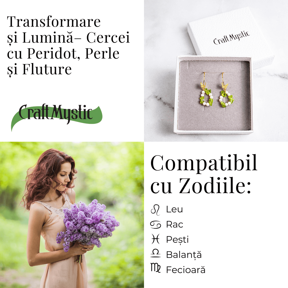 Transformare si Lumina - Cercei cu Peridot, Perle si Fluture