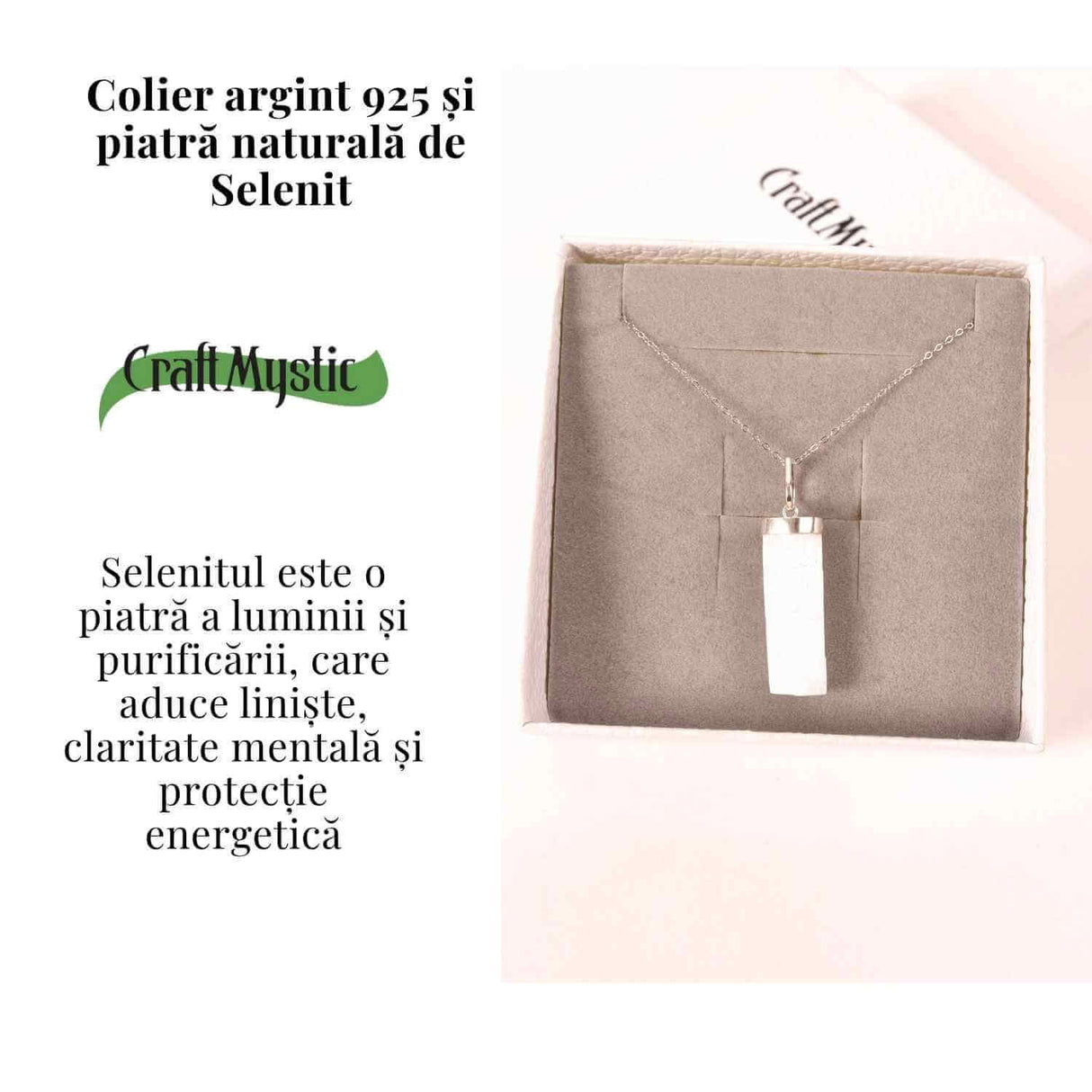 Colier Argint 925 cu Selenit Brut - Lumina Purificarii si Claritatii Interioare