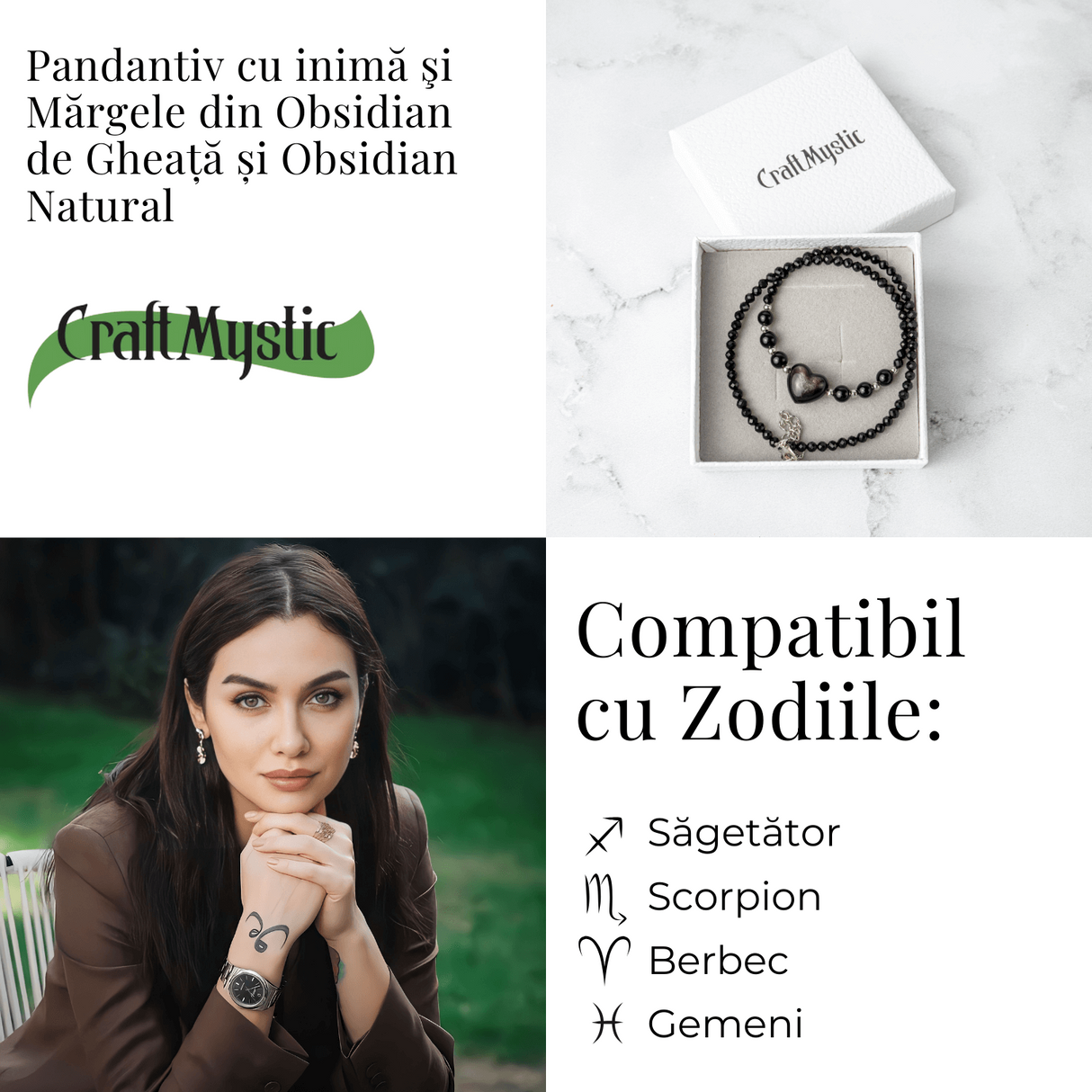 Protectie si Echilibru - Colier Inima din Obsidian de Gheata si Obsidian Natural