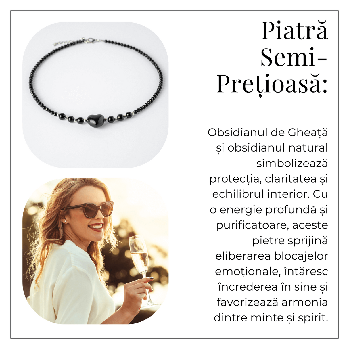 Protectie si Echilibru - Colier Inima din Obsidian de Gheata si Obsidian Natural