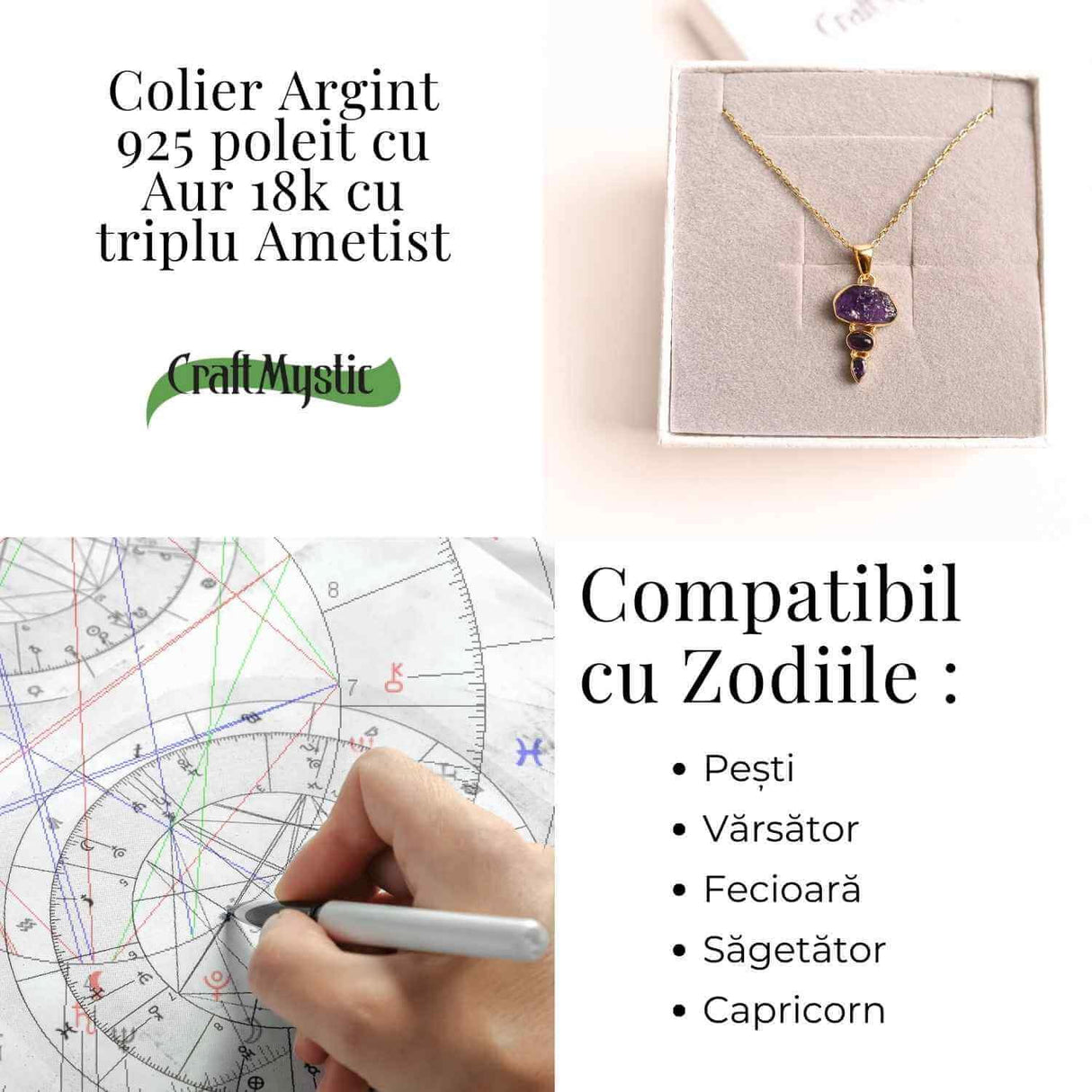 Calm Interior si Claritate Mentala - Colier inox si pandantiv argint 925 placat cu aur de18k si Triplu Ametist