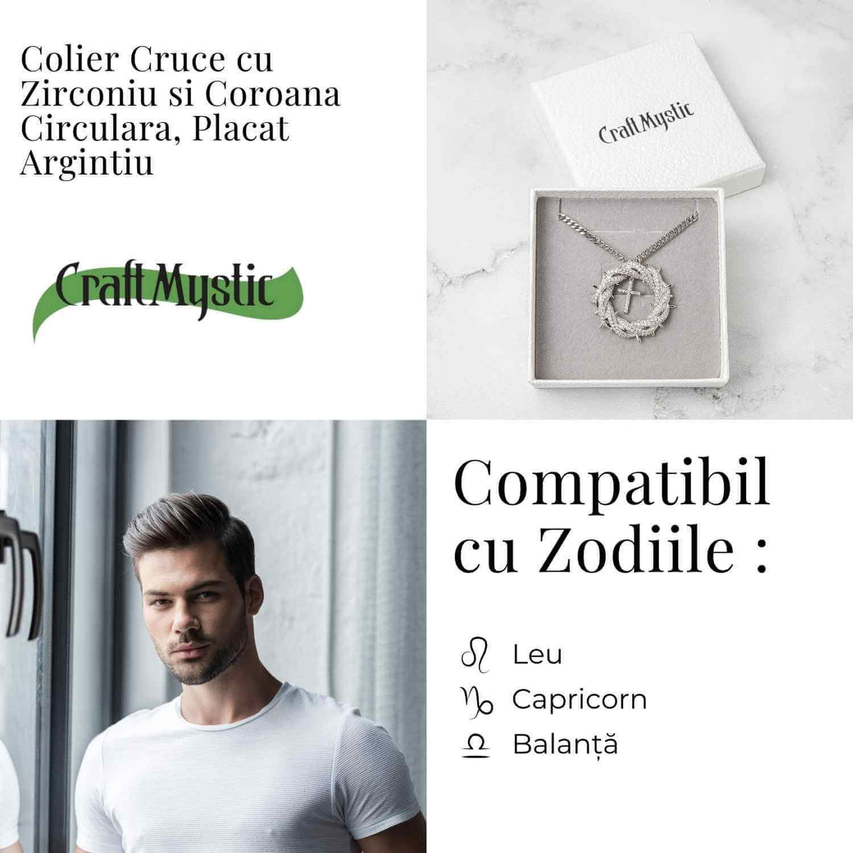 Protectie si Credinta - Colier Cruce cu Zirconiu si Coroana Circulara, Placat Argintiu