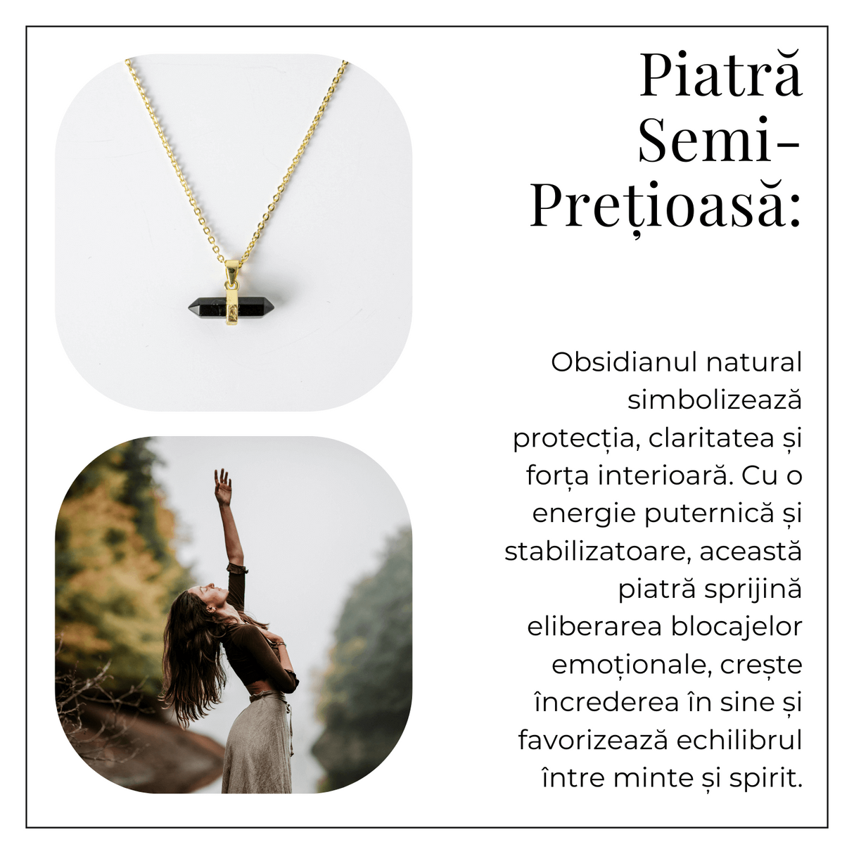 Protectie si Echilibru - Colier din Obsidian Natural pe Lant de Cupru
