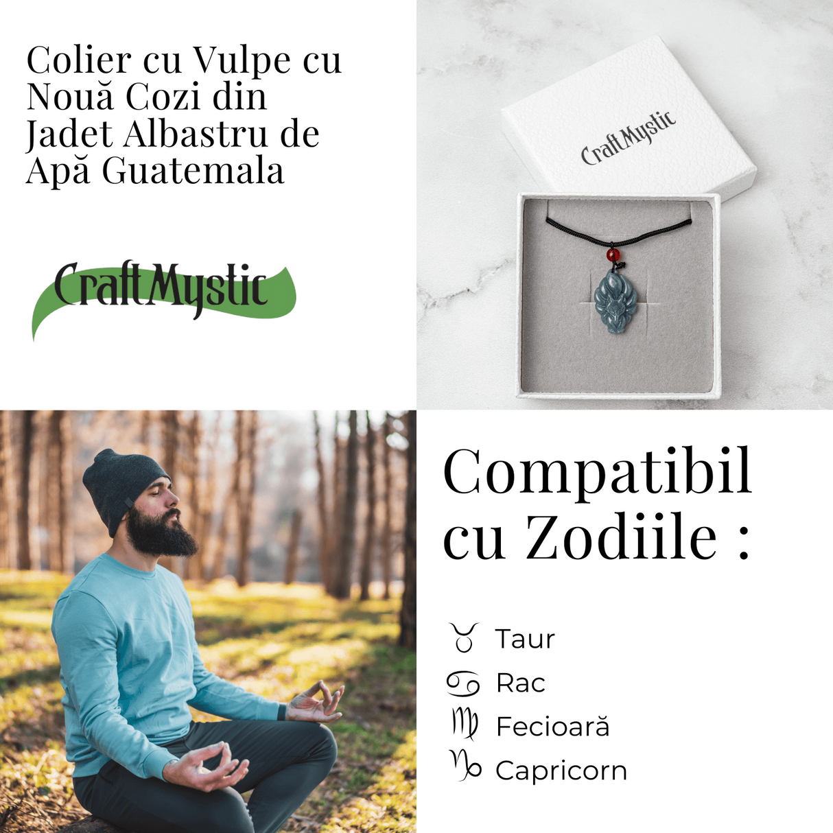Farmec si Protectie - Colier Vulpe cu Noua Cozi din Jad Albastru de Guatemala