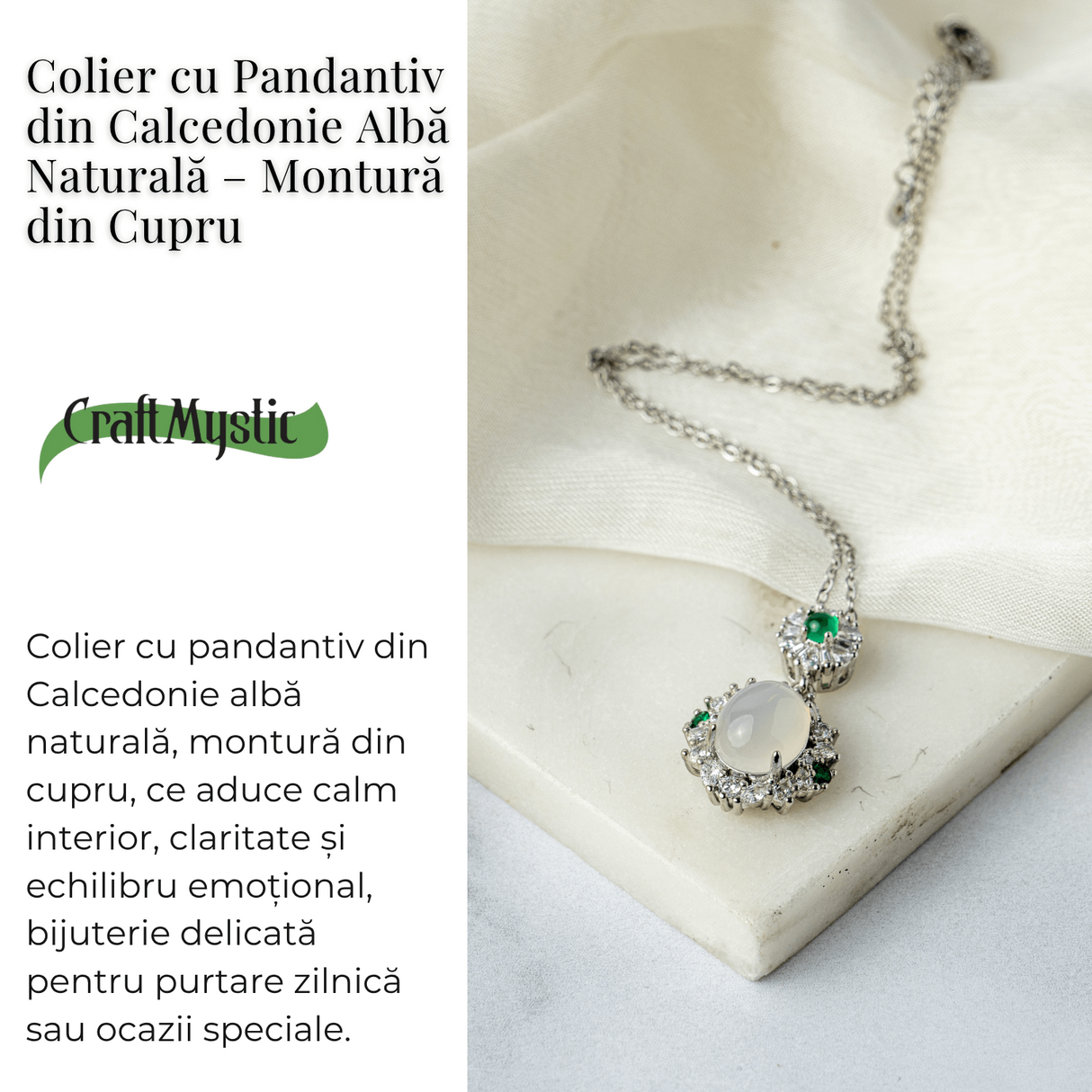 Colier cu Calcedonie Alba si Accente Verzi - Claritate si Echilibru Emotional