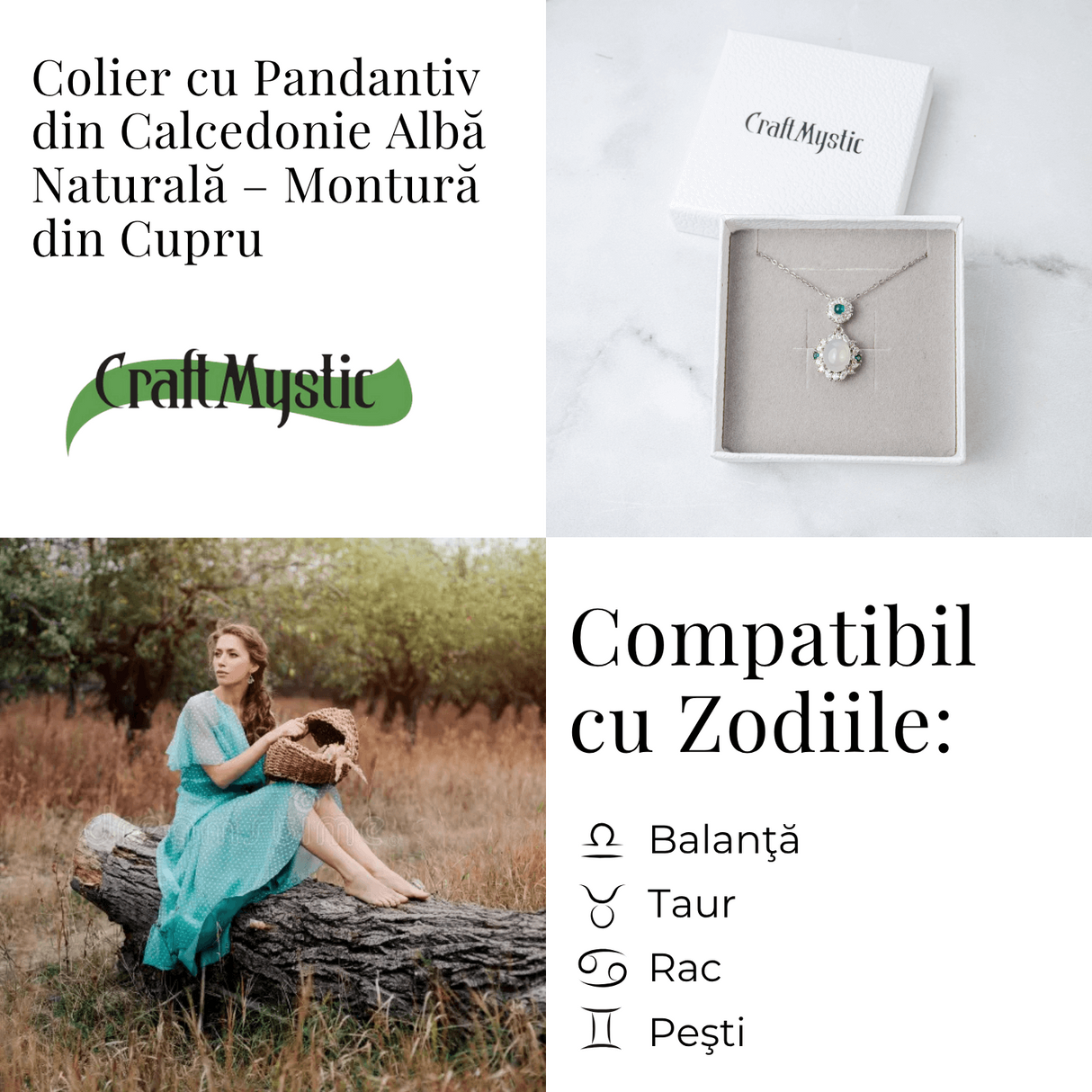 Colier cu Calcedonie Alba si Accente Verzi - Claritate si Echilibru Emotional