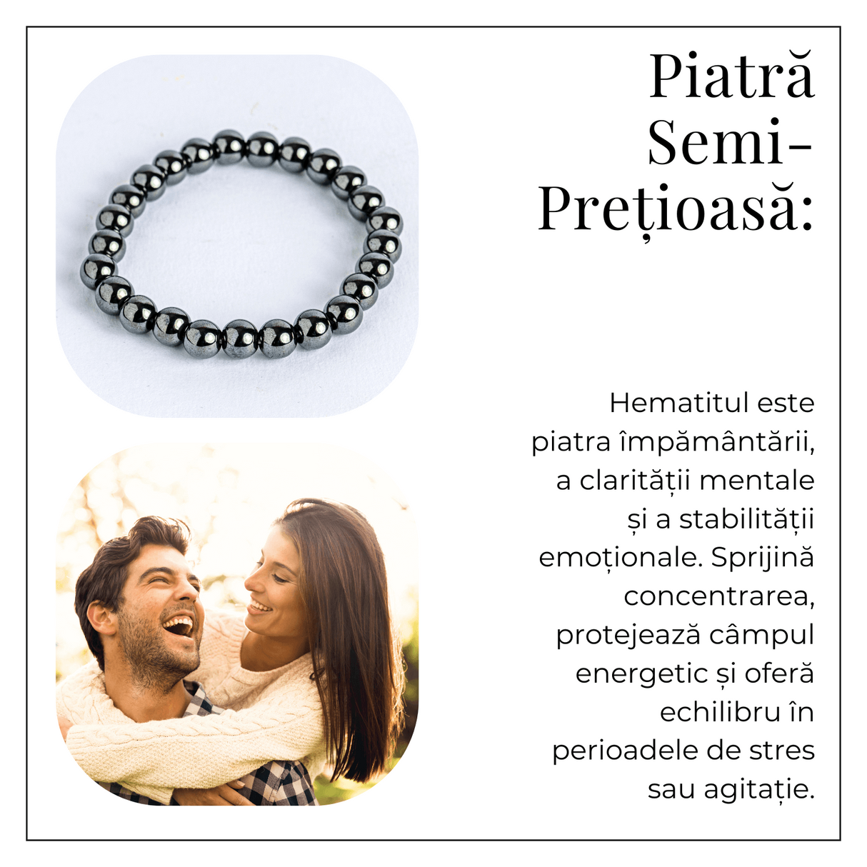 Bratara cu Hematit 8 mm Impamantare si Focus - Unisex, minimalista, puternica