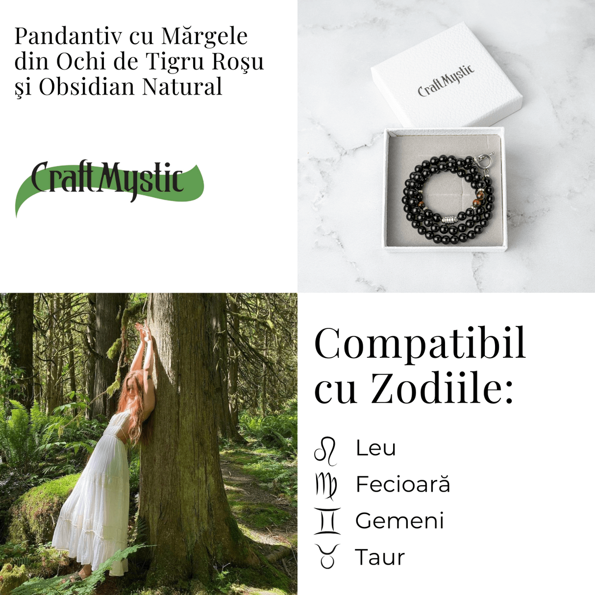 Energie si Protectie - Colier cu Ochi de Tigru Rosu si Obsidian pe Lant din Otel Inoxidabil