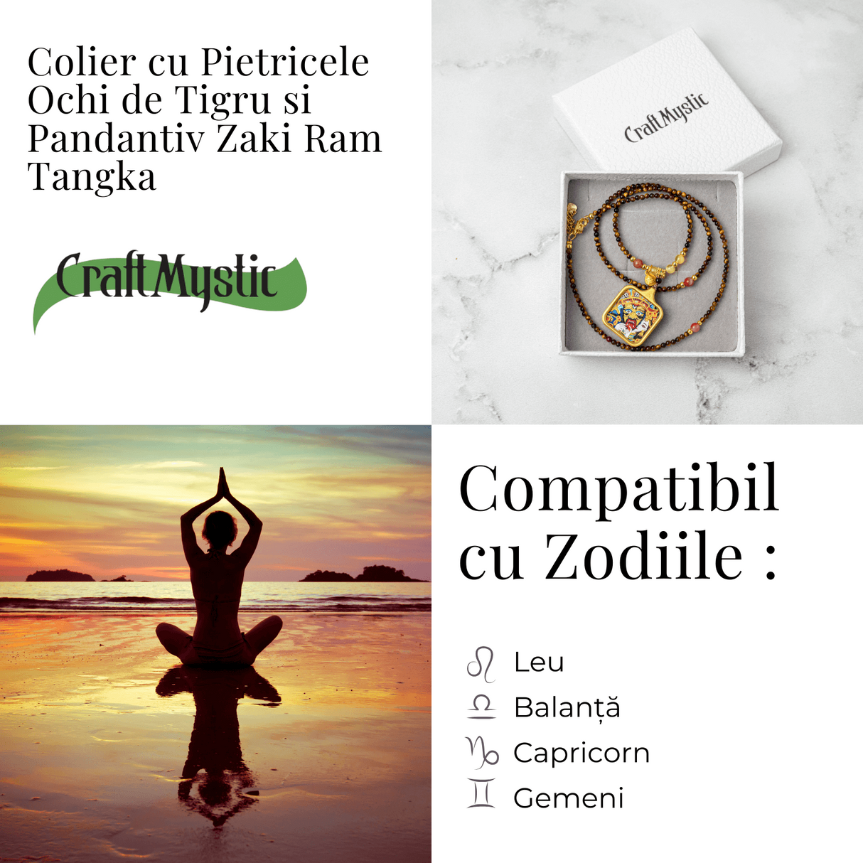 Putere si Protectie - Colier Zaki Ram Tangka cu Ochi de Tigru Natural