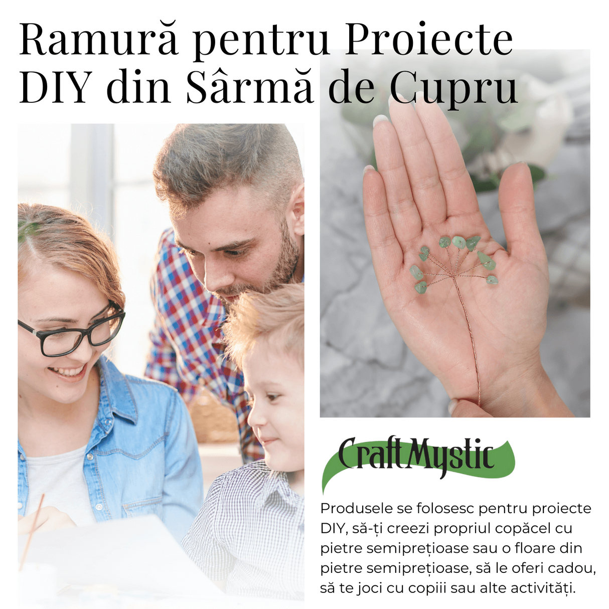 Ramurica Creativa DIY cu Pietre Naturale de Aventurin Verde (9 Pietricele)