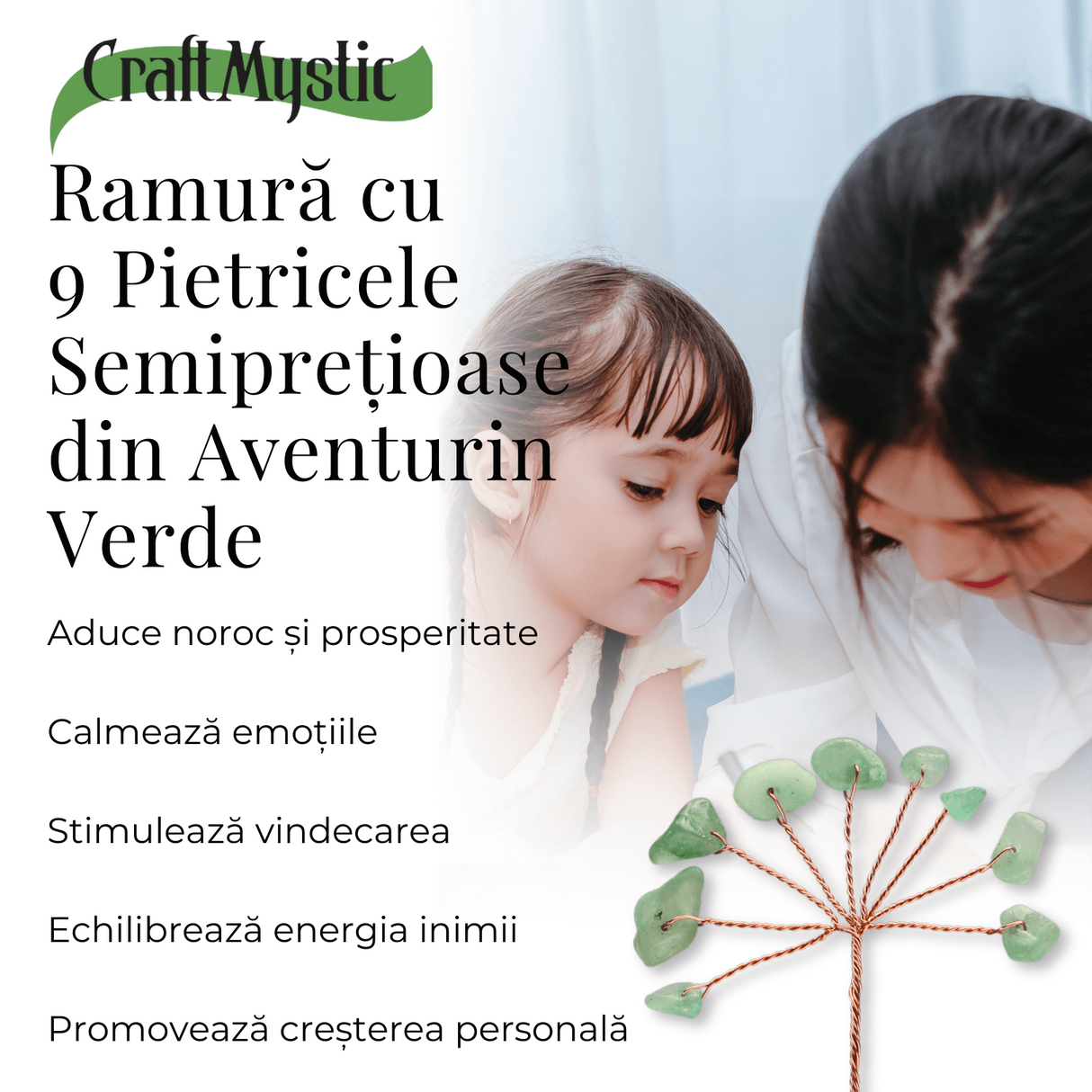 Ramurica Creativa DIY cu Pietre Naturale de Aventurin Verde (9 Pietricele)