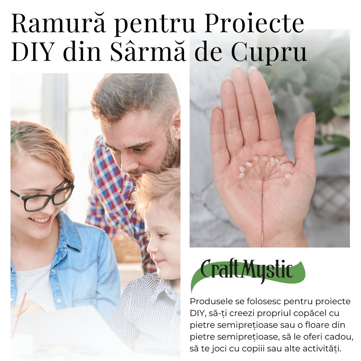 Ramurica Decorativa DIY cu Pietre Naturale Cuart Roz (9 Pietricele)