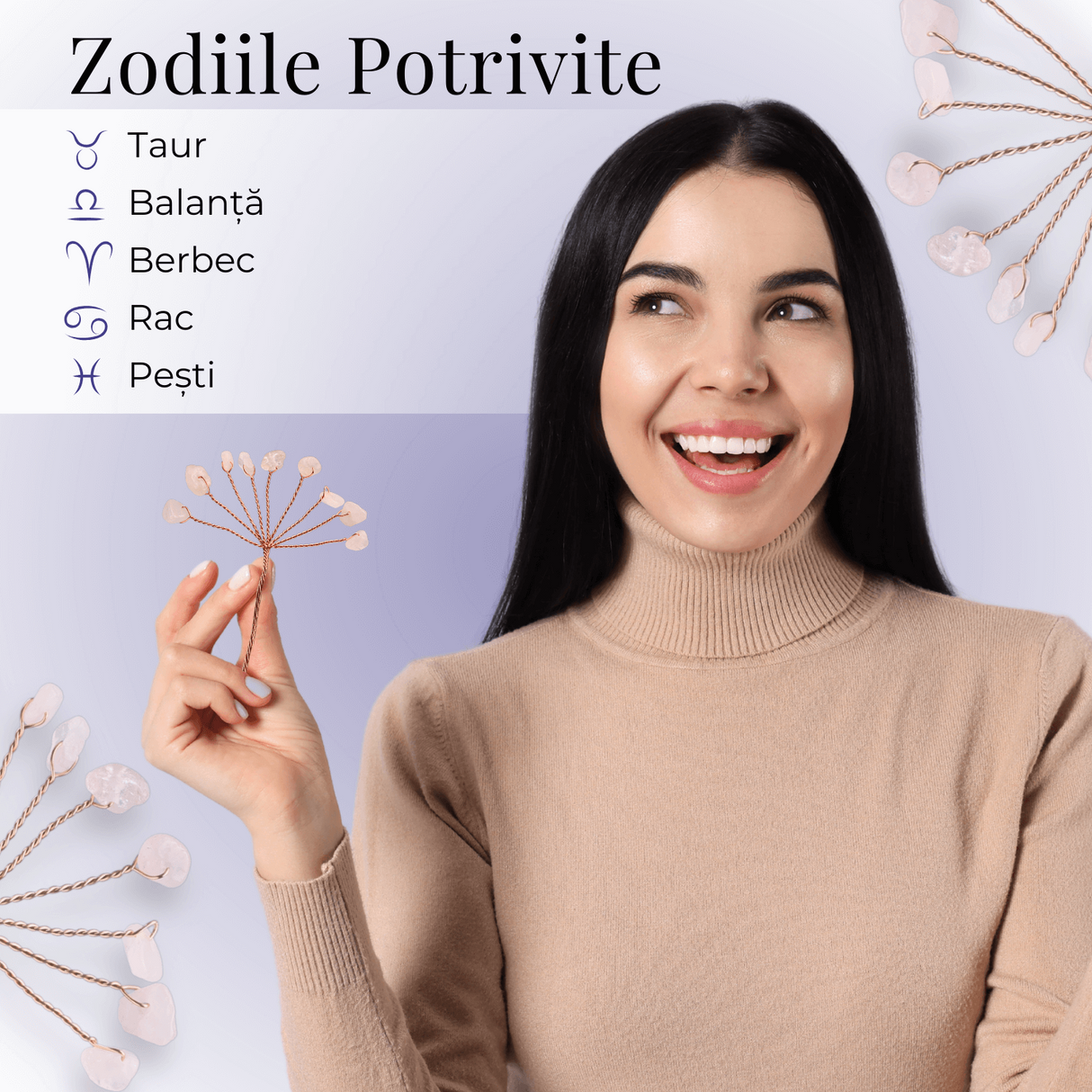 Ramurica Decorativa DIY cu Pietre Naturale Cuart Roz (9 Pietricele)