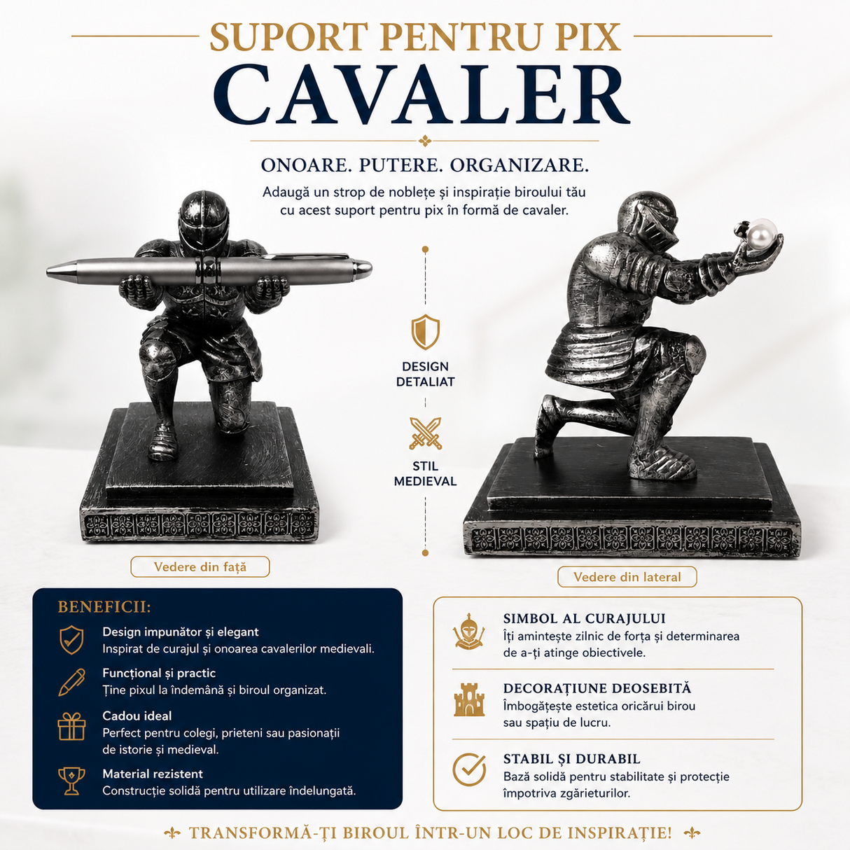 Suport cu Pix / Stilou Cavaler Medieval din Rasina – Organizare Eleganta si Inspiratie pentru Birou