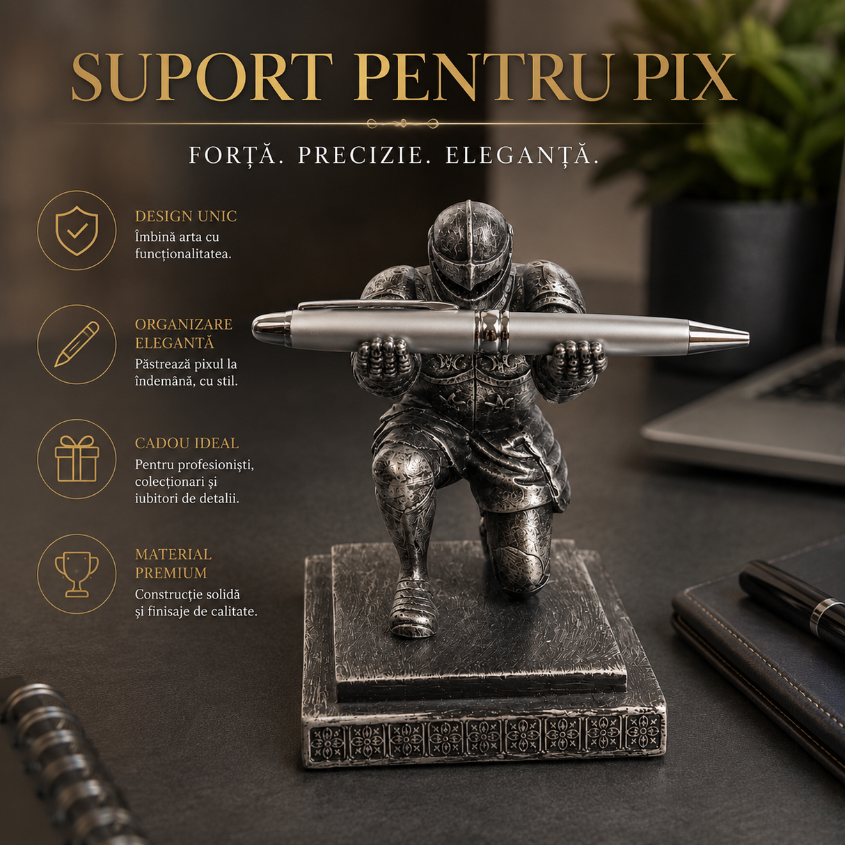 Suport cu Pix / Stilou Cavaler Medieval din Rasina – Organizare Eleganta si Inspiratie pentru Birou