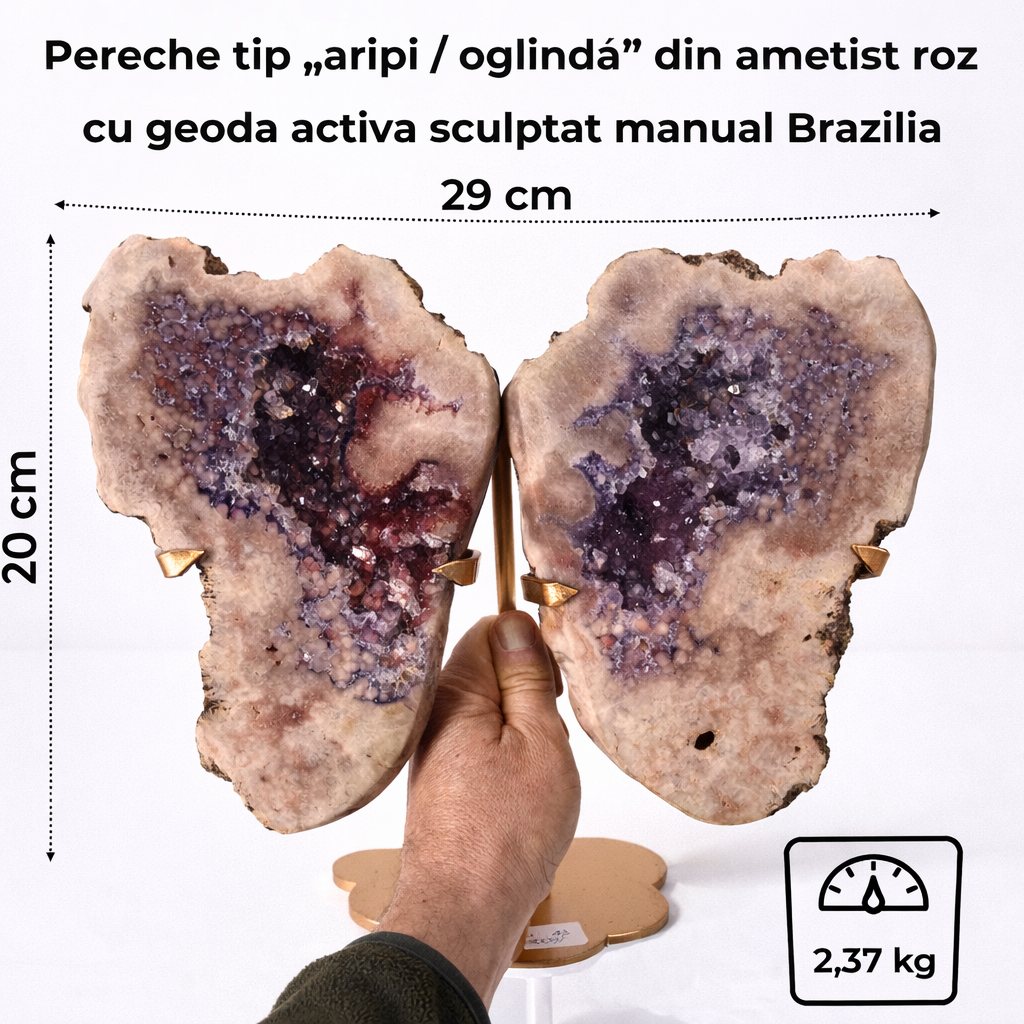 Pereche aripi din ametist roz cu geoda activa - sculptata manual Brazilia