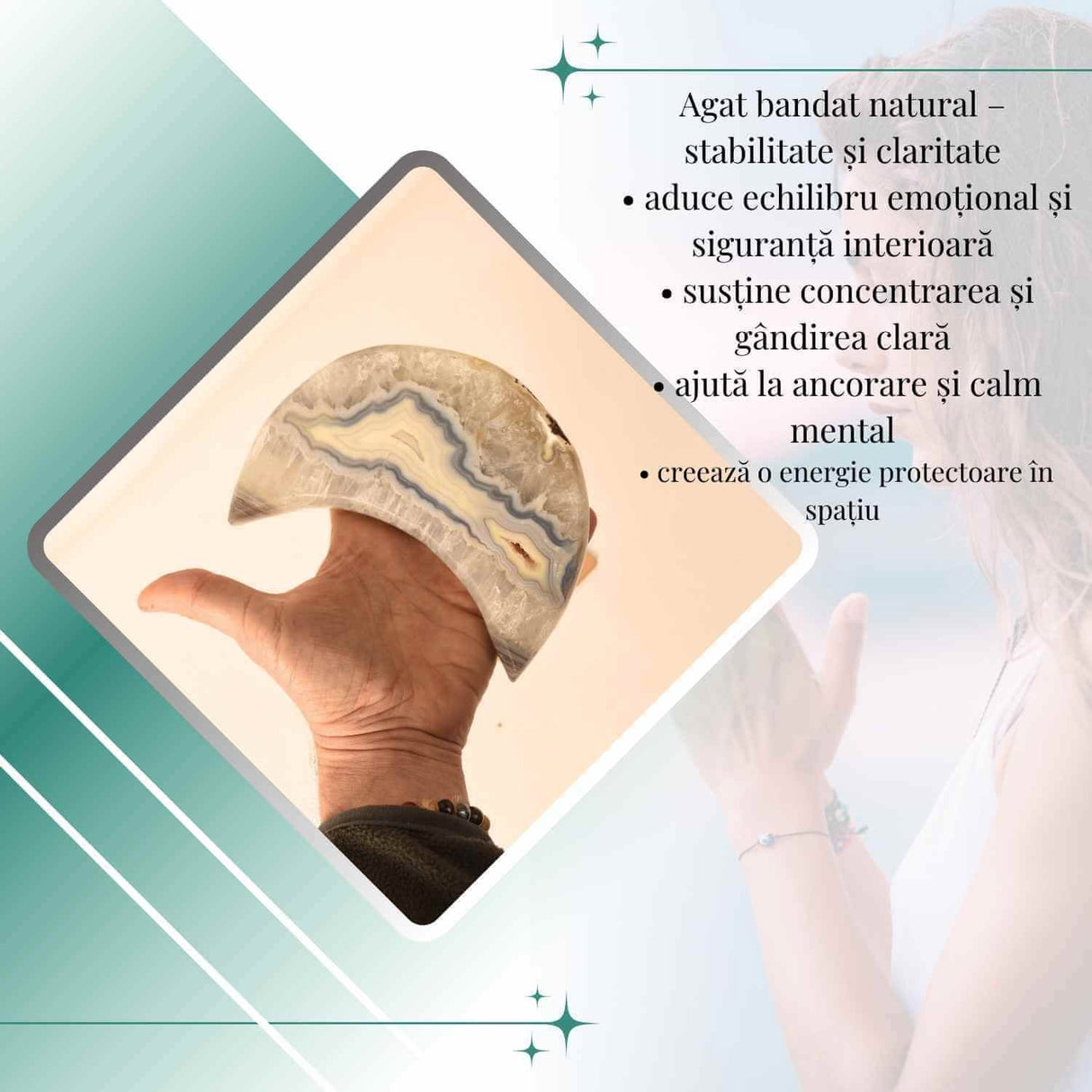 Semiluna decorativa din Agat bandat natural - sculptata manual, Brazilia | Piesa unicat