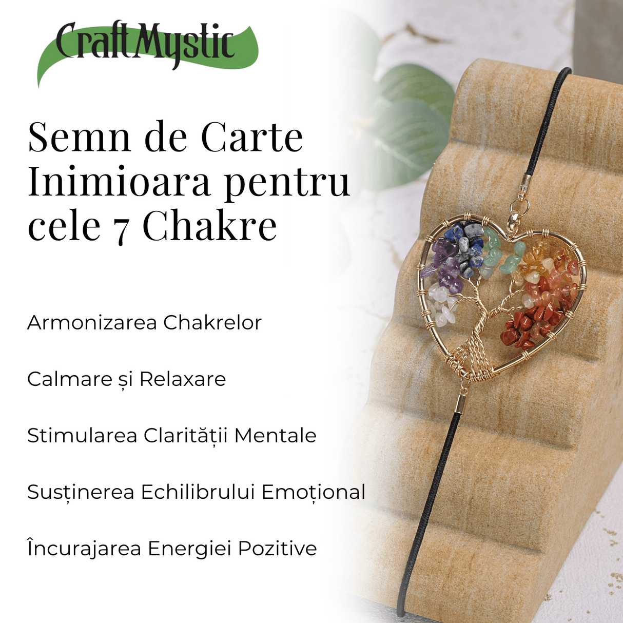 Semn de Carte Elastic cu Cristale Chakra - Forma Inima, Metal Vintage
