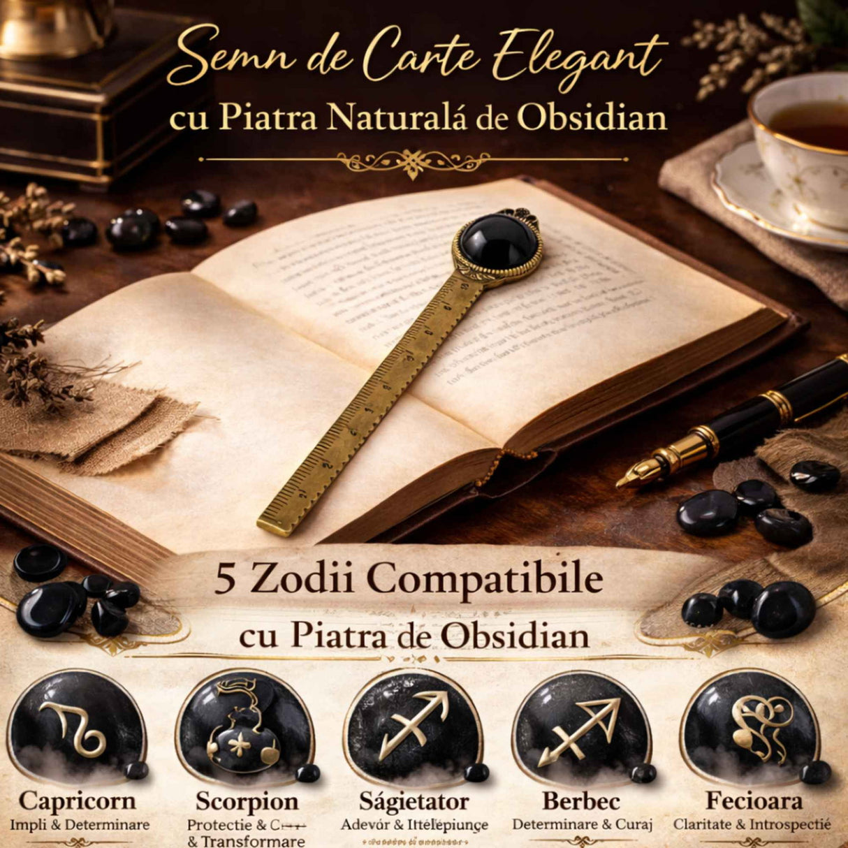 Semn de Carte Elegant cu Piatra Naturala de Obsidian si Alama