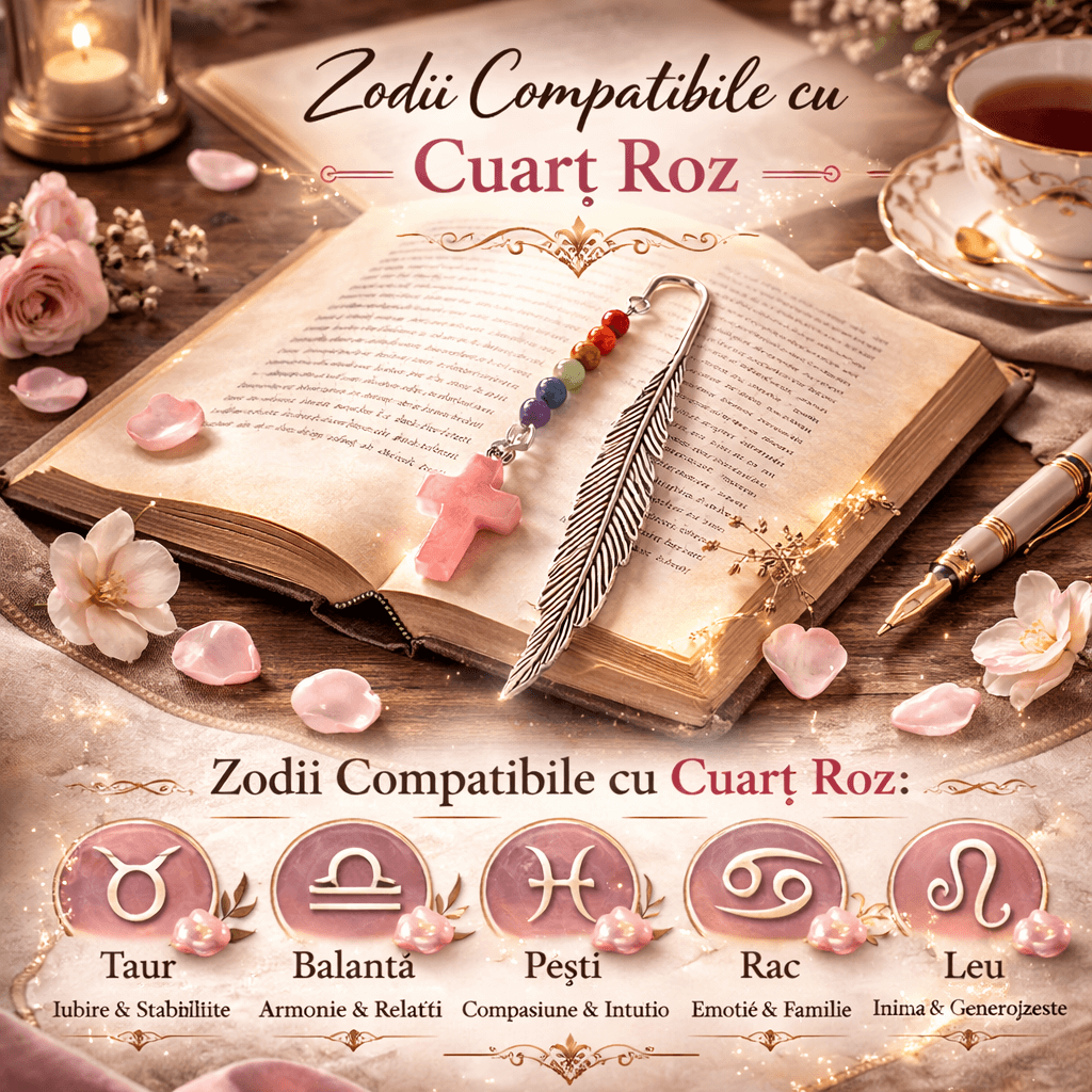 Semn de Carte cu Cruce din Cuart Roz si Pietrele celor 7 Chakre