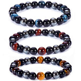 Set 3 Bratari cu Tripla Protectie, Bratara cu Margele de Cristal Vindecator de 8 mm, Bratara din Obsidian Hematit Ochi de Tigru Albastru Rosu pentru Femei si Barbati
