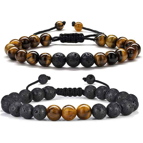 Set 2 brățări reglabile din piatră naturală ochi de tigru și piatră de lavă neagră 8mm - Brățară vindecătoare, aromaterapie, difuzor de uleiuri esențiale