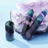 Set of 2 Hexagonal Healing Semi-Precious Crystal Towers, Rainbow Fluorite - Obelisk 5 cm in height