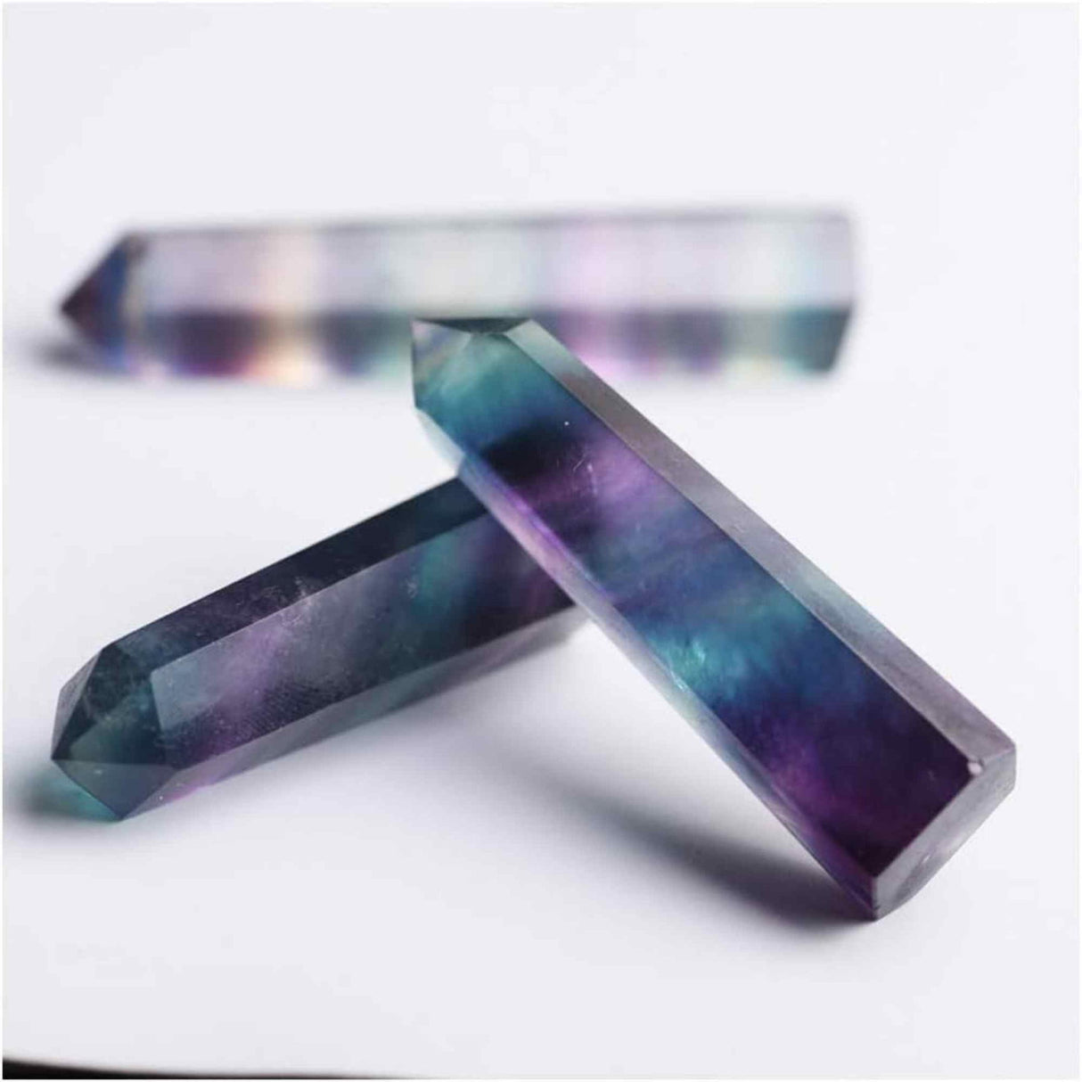 Set of 2 Hexagonal Healing Semi-Precious Crystal Towers, Rainbow Fluorite - Obelisk 5 cm in height