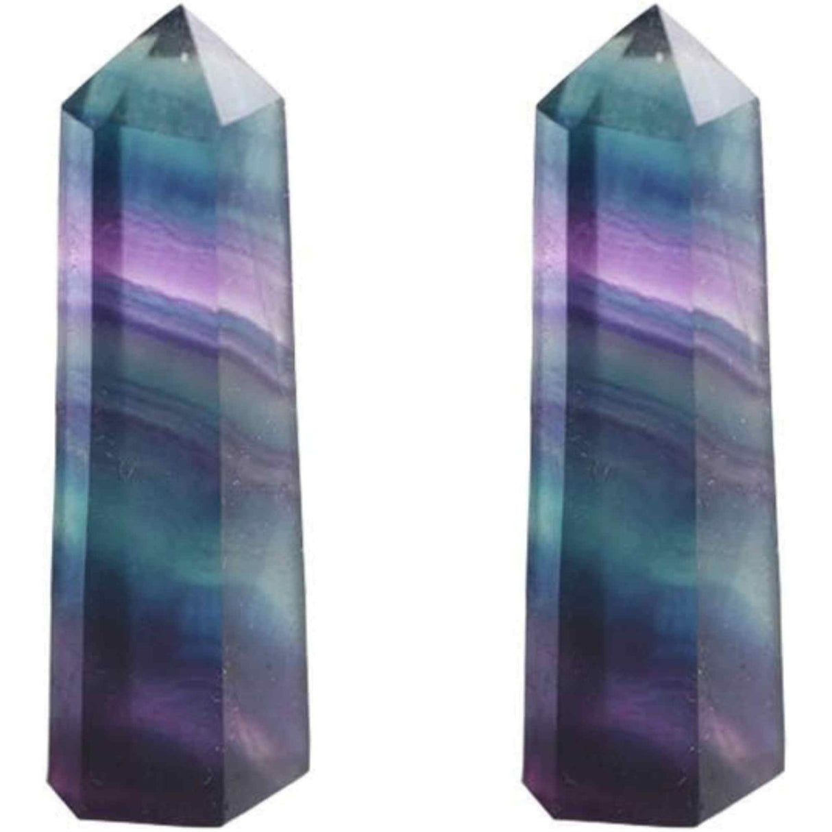 Set of 2 Hexagonal Healing Semi-Precious Crystal Towers, Rainbow Fluorite - Obelisk 5 cm in height