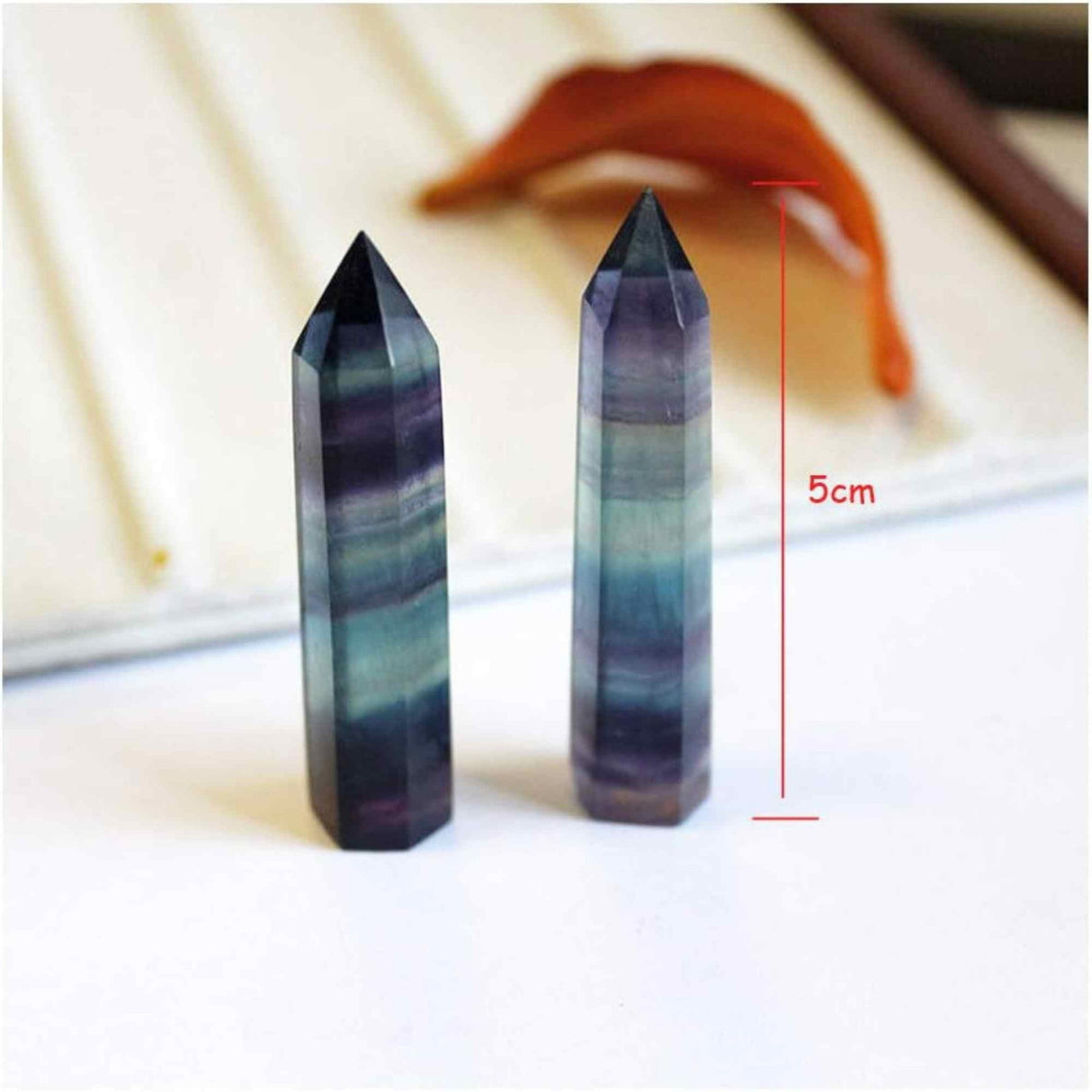 Set of 2 Hexagonal Healing Semi-Precious Crystal Towers, Rainbow Fluorite - Obelisk 5 cm in height