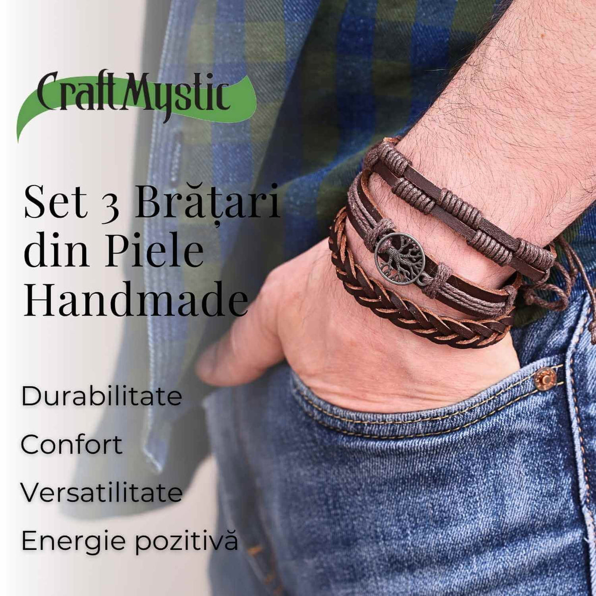 Set 3 Bratari Inedite cu Arborele Vietii si piele sintetica maro- Stil si Protectie