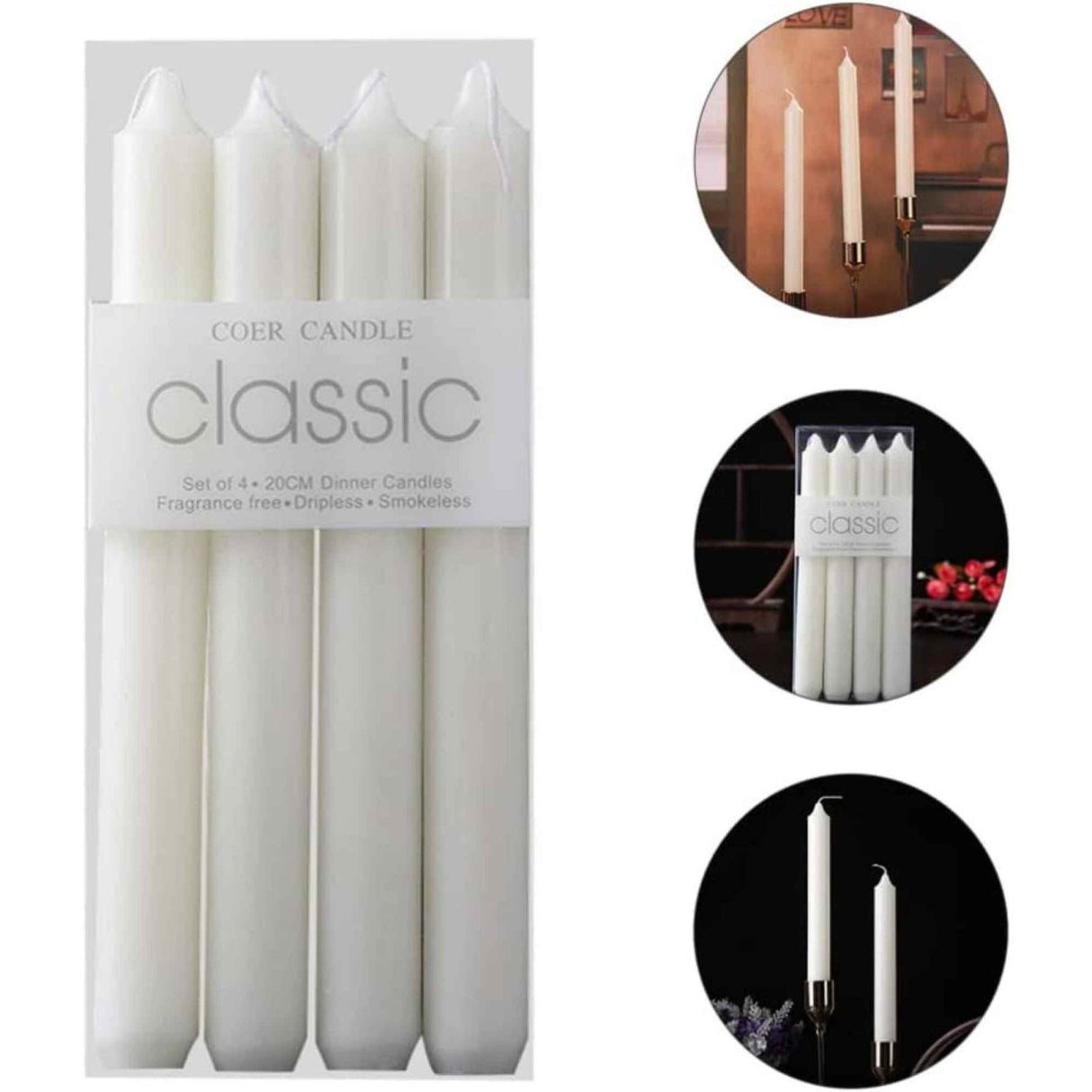 Set 4 Lumanari albe drepte de 25 cm - Lumanari fara picurare si fara parfum - Perfecte ca lumanari pentru cina, ocazii speciale