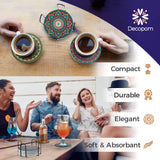 Set 8 suporturi pentru pahare tematica boho mandala si organizator, material ceramica absorbanta cu baza din pluta antiaderenta