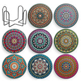 Set 8 suporturi pentru pahare tematica boho mandala si organizator, material ceramica absorbanta cu baza din pluta antiaderenta