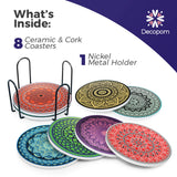 Set 8 suporturi pentru pahare tematica boho mandala deschis si organizator, material ceramica absorbanta cu baza din pluta antiaderenta