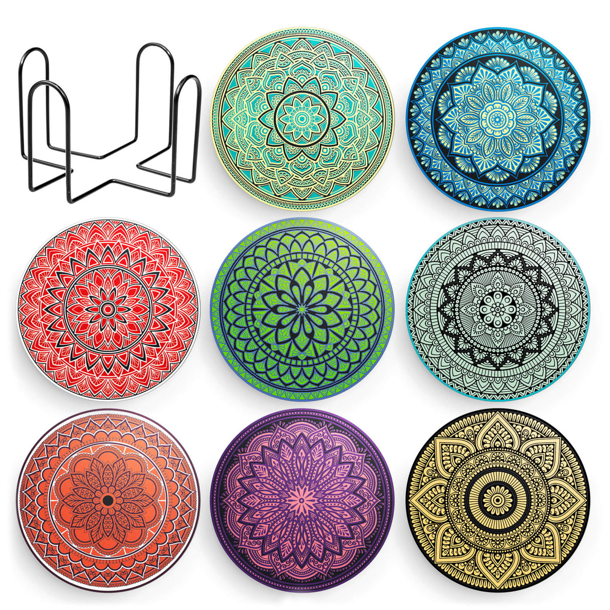 Set 8 suporturi pentru pahare tematica boho mandala deschis si organizator, material ceramica absorbanta cu baza din pluta antiaderenta