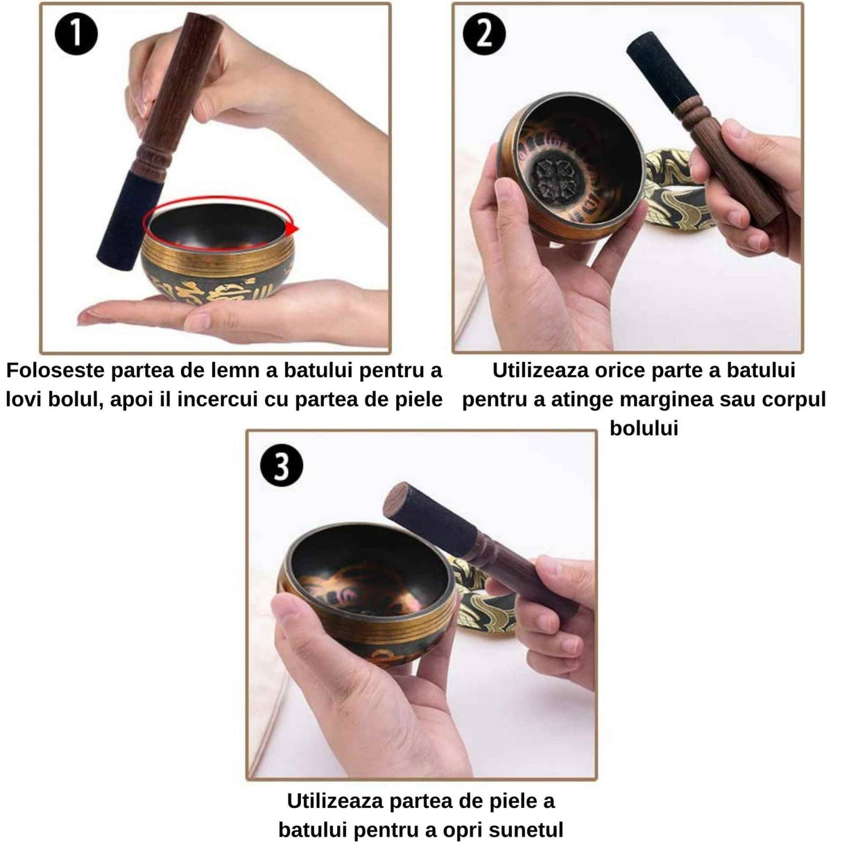 Set Bol Tibetan cantator prelucrat manual la poalele muntelui Himalaya - un percutor cu doua capete din lemn si piele, si o perna cusuta manual – ideal pentru energizare, purificare si meditatie