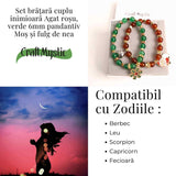 Set bratari cuplu Agat rosu, verde cu accesoriu Mos Craciun si fulg de nea - iubire si protectie