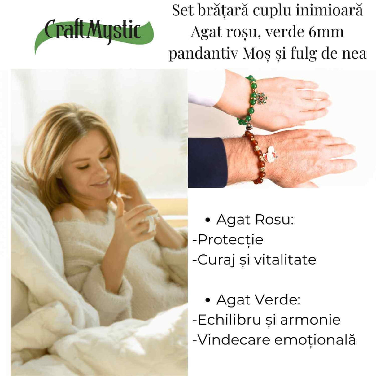 Set bratari cuplu Agat rosu, verde cu accesoriu Mos Craciun si fulg de nea - iubire si protectie