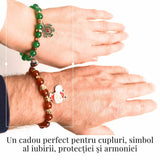 Set bratari cuplu Agat rosu, verde cu accesoriu Mos Craciun si fulg de nea - iubire si protectie