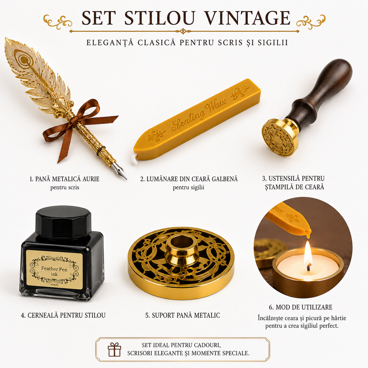 Set Stilou Pana Aurie Metalica Vintage – Eleganta si Cadou Special pentru Caligrafie